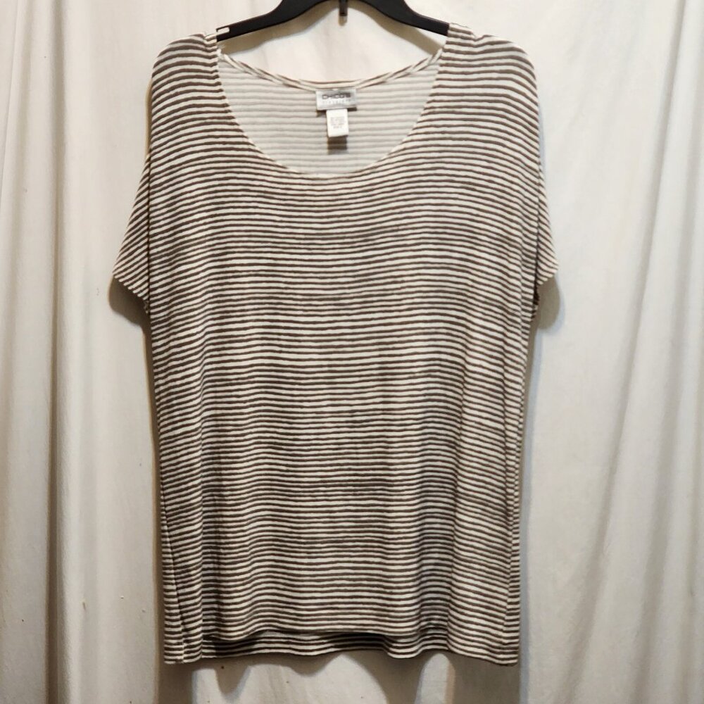 Chico's Travelers Gray & White Striped Slinky Acetate S/S Top 3 XL 16